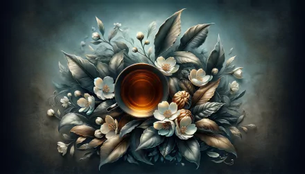 A beautifully illustrated HD wallpaper featuring a cup of Earl Grey tea surrounded by delicate flowers and lush leaves, capturing a serene and inviting atmosphere.