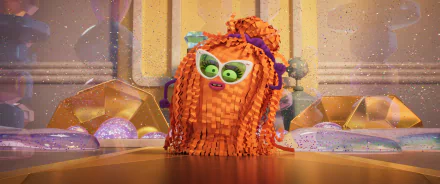 High-definition desktop wallpaper featuring a vibrant character from Trolls Band Together with a sparkling background