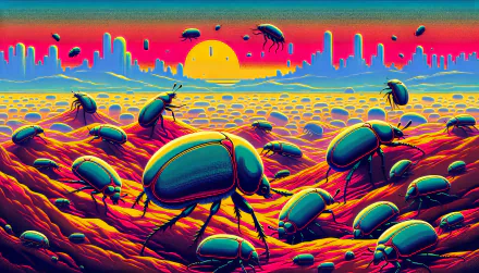 Vibrant HD desktop wallpaper featuring a surreal beetle-theme landscape with colorful insects and a sun setting in the background.