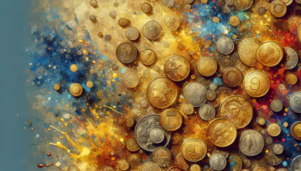 HD wallpaper featuring an array of coins amidst a vibrant, colorful splash background.