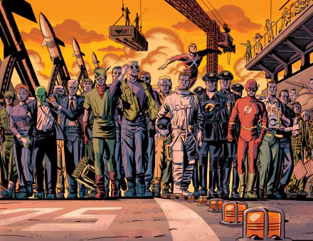A vibrant 4K Ultra HD PC desktop wallpaper featuring DC: The New Frontier comic characters standing united against an orange sky in a dramatic industrial setting.