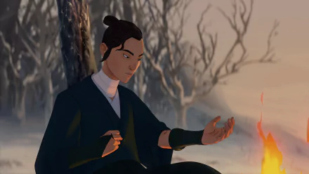 A serene anime scene featuring a blue-eyed samurai sitting by a fire in a winter landscape, capturing a moment of reflection. High-definition wallpaper for desktop backgrounds.