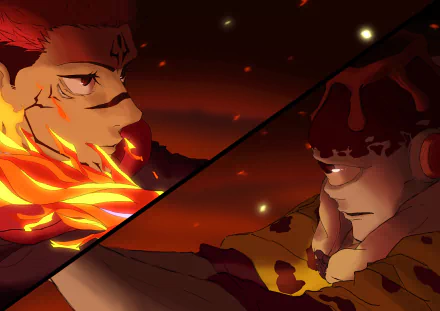 HD PC desktop wallpaper featuring Sukuna and Jogo from the anime Jujutsu Kaisen in a fiery, intense face-off scene.