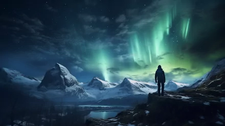 Hiker standing before majestic mountains under the Aurora Borealis, HD Wallpaper for desktop background.