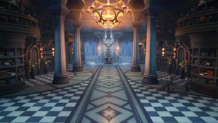 HD desktop wallpaper of the majestic Tarisland library interior with elegant columns, grand chandeliers, and shelves of books.