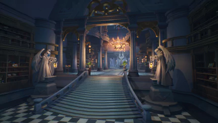HD Tarisland-themed desktop wallpaper featuring an enchanting hallway with statues and grand chandelier.
