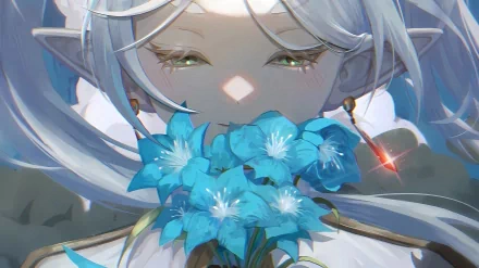 Close-up anime-style portrait of Frieren from Frieren: Beyond Journey's End, holding vibrant blue flowers, captured in a detailed HD PC desktop wallpaper.