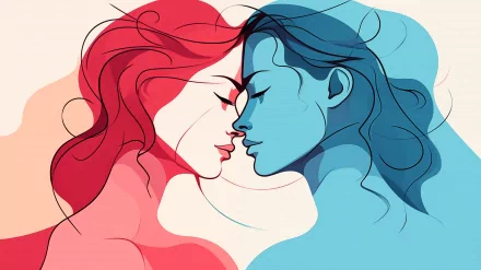 A vibrant, artistic representation of a couple embracing, blending red and blue hues. This 4K Ultra HD wallpaper captures the essence of love for Valentine's Day.