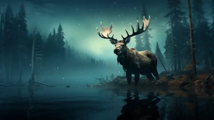 HD wallpaper featuring a majestic moose standing by a tranquil lake with a misty forest background.
