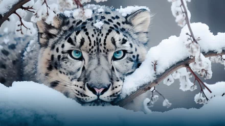 A close-up of a snow leopard resting on a snowy branch, showcasing its striking blue eyes and beautiful spotted fur, making for an engaging HD desktop wallpaper.