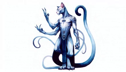 HD desktop wallpaper featuring a futuristic robotic cat with swirling tail designs on a clean white background.