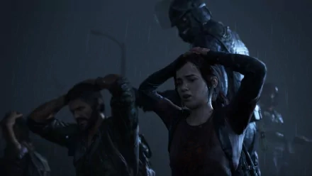 HD PC desktop wallpaper from The Last of Us Part I video game, featuring characters in a tense, dark scene from The Last of Us series.
