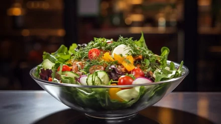 A vibrant bowl of fresh salad filled with various greens, cherry tomatoes, cucumbers, and herbs, serving as an HD desktop wallpaper and background.