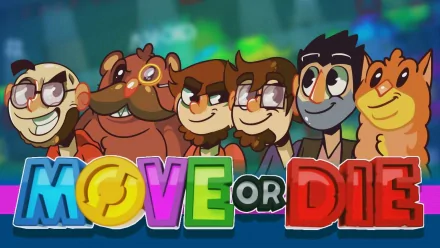 HD desktop wallpaper featuring characters from the game Move or Die with vibrant logo.