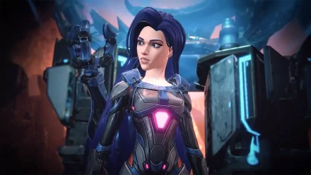 A high-definition desktop wallpaper from the video game Trinity Fusion, featuring a character with long purple hair and a futuristic armored outfit, set against a sci-fi backdrop.