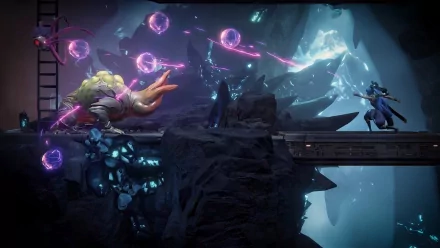 HD desktop wallpaper featuring an action-packed scene from Trinity Fusion, with a character on the right firing energy beams at an imposing creature on the left, set against a dynamic, sci-fi backdrop.