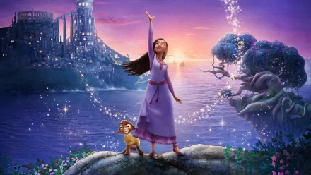 Wish 2023 animated movie HD wallpaper featuring a girl with a dog on a magical cliff at sunset with a castle in the background.