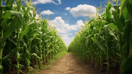 A serene view of tall cornstalks standing on either side of a dirt path, under a bright blue sky with fluffy clouds, creating an inviting HD desktop wallpaper.