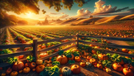 A vibrant pumpkin patch under a golden sunset, showcasing rows of pumpkins amidst lush greenery, creating a serene and picturesque scene for your HD desktop wallpaper.