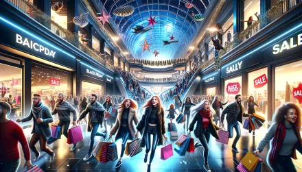 A vibrant HD desktop wallpaper depicting a bustling shopping mall scene during Black Friday, with enthusiastic shoppers carrying colorful bags and festive decorations overhead.