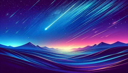 HD desktop wallpaper featuring a vivid shooting star streaking across a dynamic purple and blue twilight sky over silhouetted mountains.