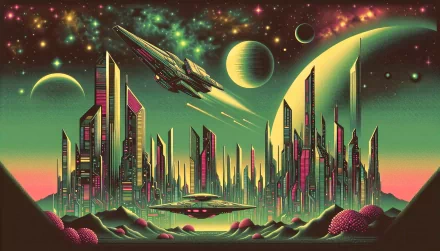 HD futuristic city wallpaper with spacecraft and planets for desktop background.