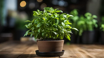 A vibrant basil plant in a brown pot, set on a wooden surface, surrounded by softly blurred greenery. This HD image captures the essence of nature and greenery.