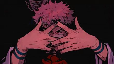 HD wallpaper of Sukuna from the anime Jujutsu Kaisen, shown with his face framed by his fingers, designed for vibrant OLED display.