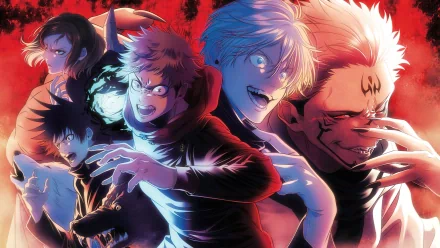 HD desktop wallpaper featuring Jujutsu Kaisen characters Sukuna, Yuji Itadori, Satoru Gojo, Megumi Fushiguro, and Nobara Kugisaki with a dramatic red backdrop.