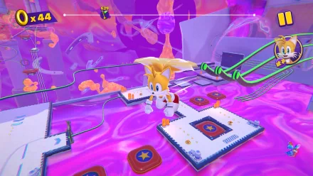 Alt Text: HD desktop wallpaper featuring Tails from the Sonic Dream Team navigating a vibrant, purple virtual world filled with floating platforms and dynamic obstacles.