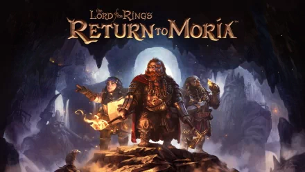 HD desktop wallpaper of The Lord of the Rings: Return to Moria featuring three dwarves in a cavernous, mystical setting.