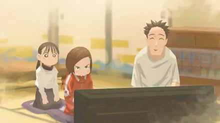 HD PC desktop wallpaper of Nobara Kugisaki and Fumi from the anime Jujutsu Kaisen sitting on floor cushions watching TV in a warm, softly lit living room.