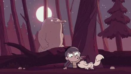 HD desktop wallpaper featuring Hilda, a character from the animated series, with her companion Twig in a mystical forest under a full moon.