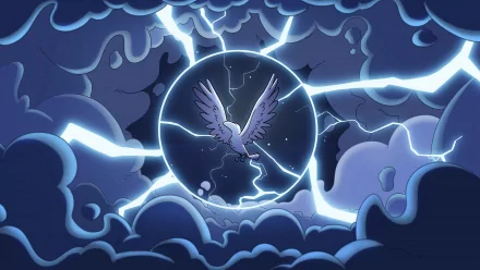 HD desktop wallpaper featuring Hilda, with an artistic illustration of a glowing bird encircled by lightning amid dark clouds.