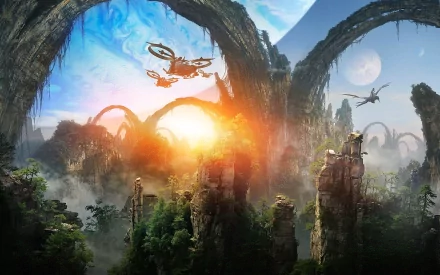 HD desktop wallpaper featuring the lush world of Pandora from the video game Avatar: Frontiers of Pandora, showcasing soaring creatures and magnificent alien flora under a mystical planetary skyline.