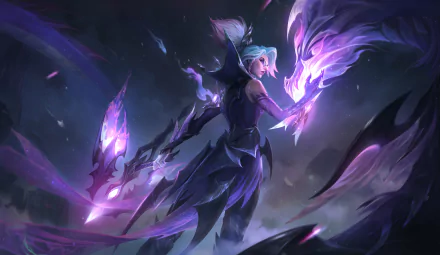 4K Ultra HD desktop wallpaper featuring Vayne from League of Legends, showcasing her with glowing purple weapons in a dynamic, dark fantasy style.
