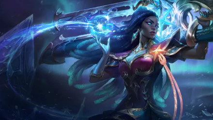 HD wallpaper of Senna from League of Legends, wielding her relic weapon with a dynamic magical aura.