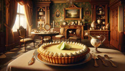 A beautifully crafted key lime pie sits elegantly on a table in a vintage dining room, surrounded by ornate furniture and decor, creating a charming HD wallpaper scene.