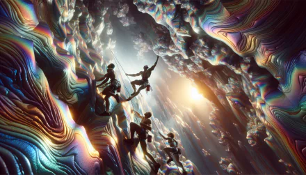 A vibrant HD wallpaper depicting climbers navigating a colorful, abstract rock formation, illuminated by ethereal light, capturing the thrill of rock climbing in a surreal environment.