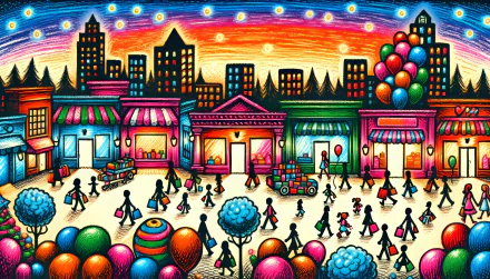 Colorful artistic illustration of bustling shopping district with animated people and vibrant sunset for HD desktop wallpaper.