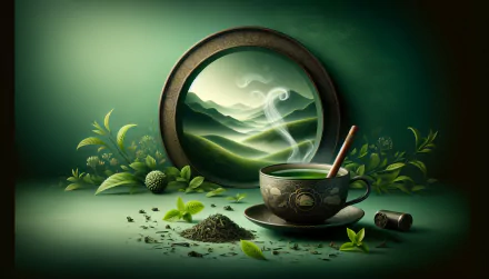 HD desktop wallpaper depicting a beautifully crafted scene of a green tea cup, with loose tea leaves, against a mystical backdrop of mountainous landscape seen through a circular frame.
