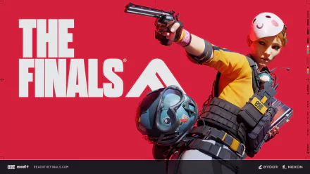 HD wallpaper featuring a character from the video game 'The Finals' with a vibrant red background, showcasing dynamic action pose with a pistol and helmet.