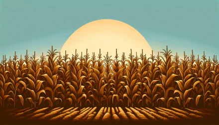 A vibrant HD wallpaper featuring a field of cornstalks silhouetted against a large sun, casting warm light over a serene agricultural landscape.