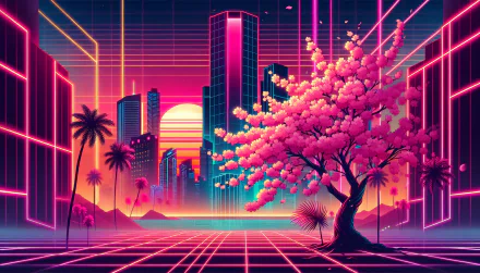 A vibrant retro wave scene features a cherry blossom tree in the foreground, set against a neon city skyline and sunset, creating a stunning HD desktop wallpaper.