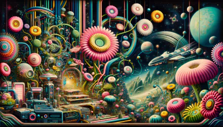 HD desktop wallpaper featuring a vibrant psychedelic space scene with fantastical flowers, planets, and a spaceship.