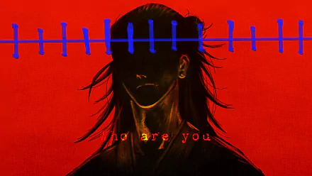 4K Ultra HD anime wallpaper featuring a dark silhouette of Suguru Geto and Kenjaku from Jujutsu Kaisen against a red background with blue stitches and text who are you.