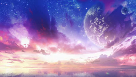 Star Trek: Prodigy inspired HD desktop wallpaper featuring a stunning cosmic scene with vibrant galaxies and celestial bodies over a serene water reflection.