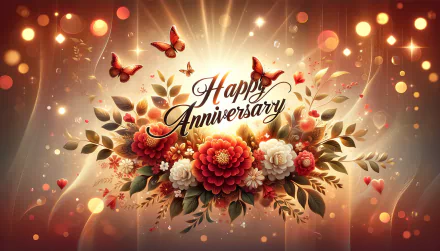 HD Happy Anniversary desktop wallpaper featuring elegant floral design, sparkling lights, and fluttering butterflies.