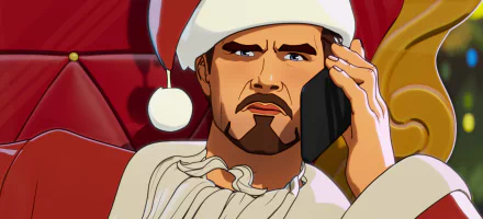 HD desktop wallpaper from What If...? featuring an animated character resembling Tony Stark in a racing suit, on the phone, with a concerned expression.