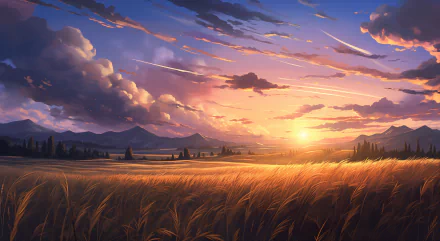 A vibrant anime-style HD desktop wallpaper depicting a golden wheat field at sunset with dramatic clouds and distant mountains, blending nature and AI art.
